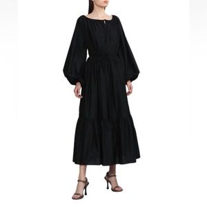 Matteau Voluminous Crew Maxi Dress Black Size 2 Puff Sleeves Waist Tie Tiered